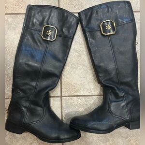 NEW Tory Burch Riding Boots Pebble Leather Miller Logo Buckle Zip